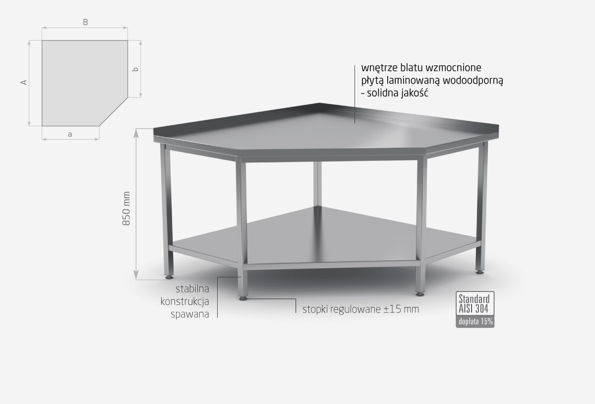 Stół przyścienny narożny z półką  POL-105