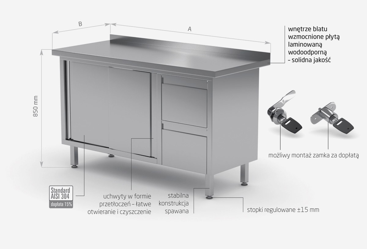 Stół przyścienny szafka z dwiema szufladami i drzwiami suwanymi - szuflady po prawej stronie - POL-130-P