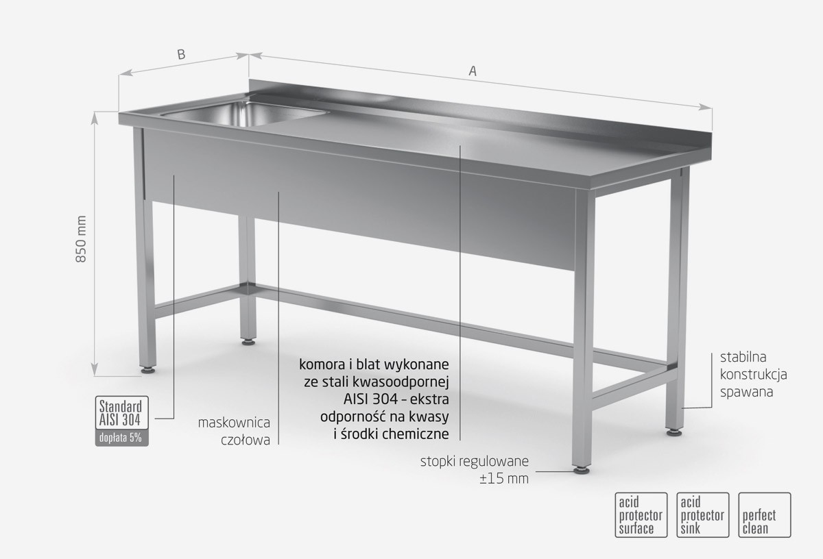 Stół ze zlewem wzmocniony bez półki - komora po lewej stronie - POL-210-L