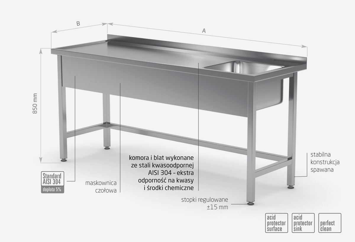 Stół ze zlewem wzmocniony bez półki - komora po prawej stronie - POL-210-P