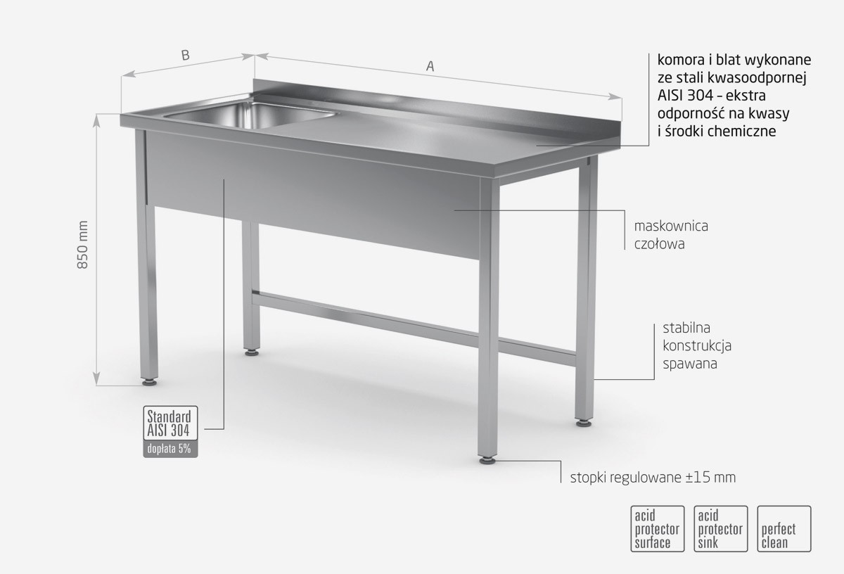 Stół ze zlewem bez półki - komora po lewej stronie  POL-211-L