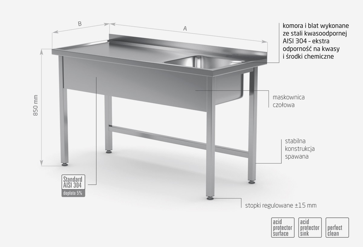 Stół ze zlewem bez półki - komora po prawej stronie - POL-211-P