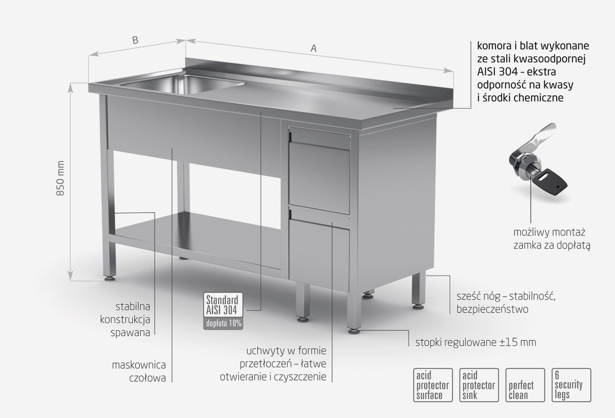 Stół ze zlewem, półką i szafką z dwiema szufladami - komora po lewej stronie - POL-215-L