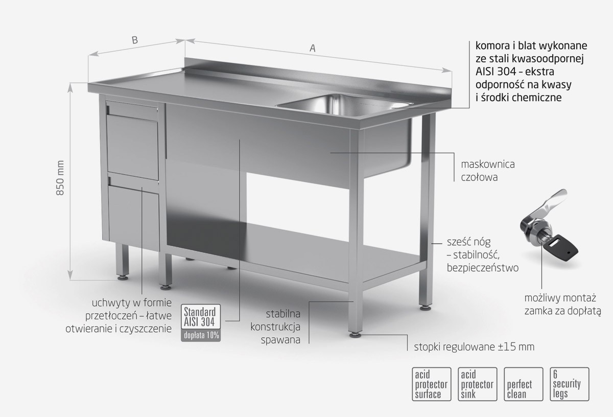 Stół ze zlewem, półką i szafką z dwiema szufladami - komora po prawej stronie - POL-215-P