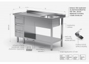 Stół ze zlewem, półką i szafką z trzema szufladami - komora po prawej stronie - POL-215-3-P