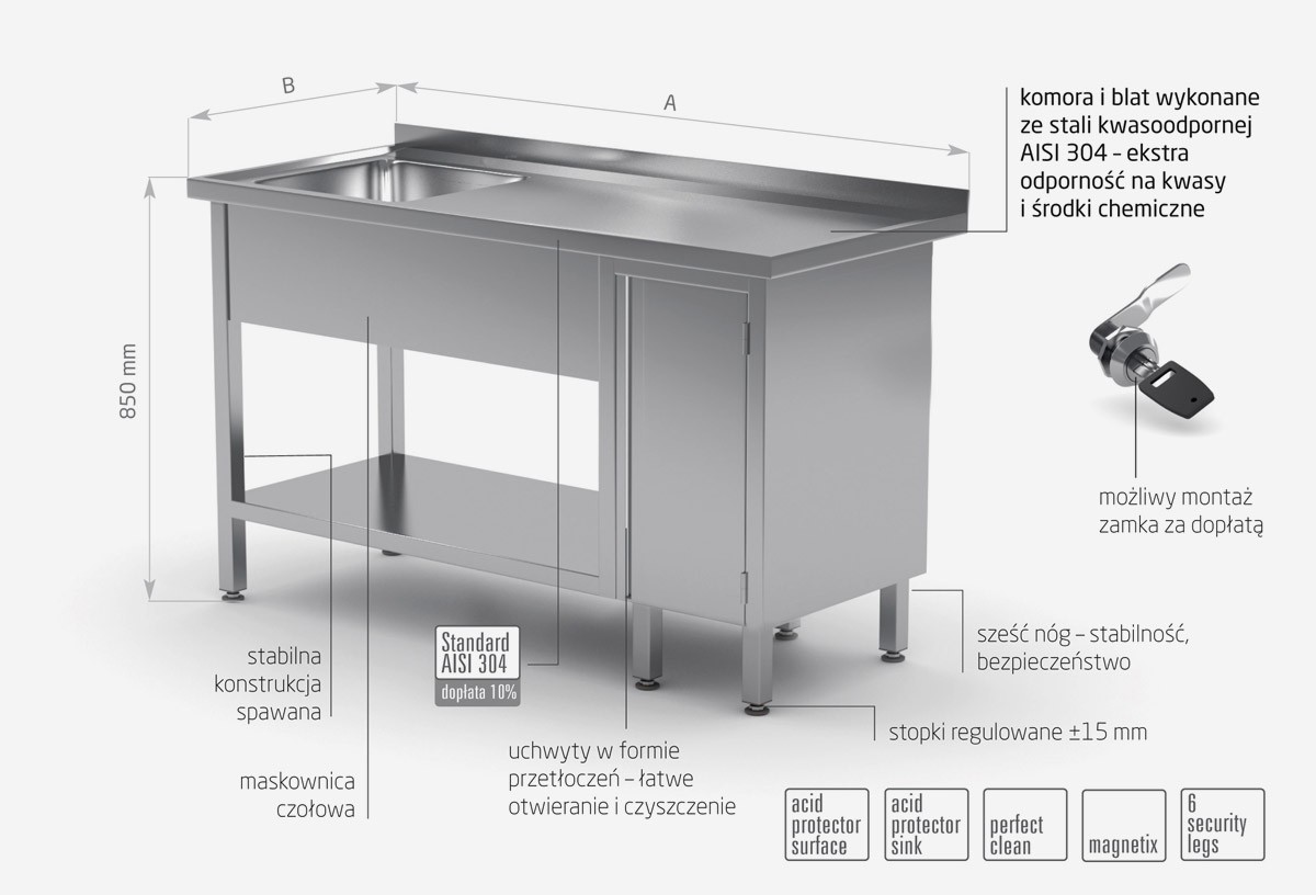 Stół ze zlewem, półką i szafką z drzwiami na zawiasach - komora po lewej stronie - POL-216-L