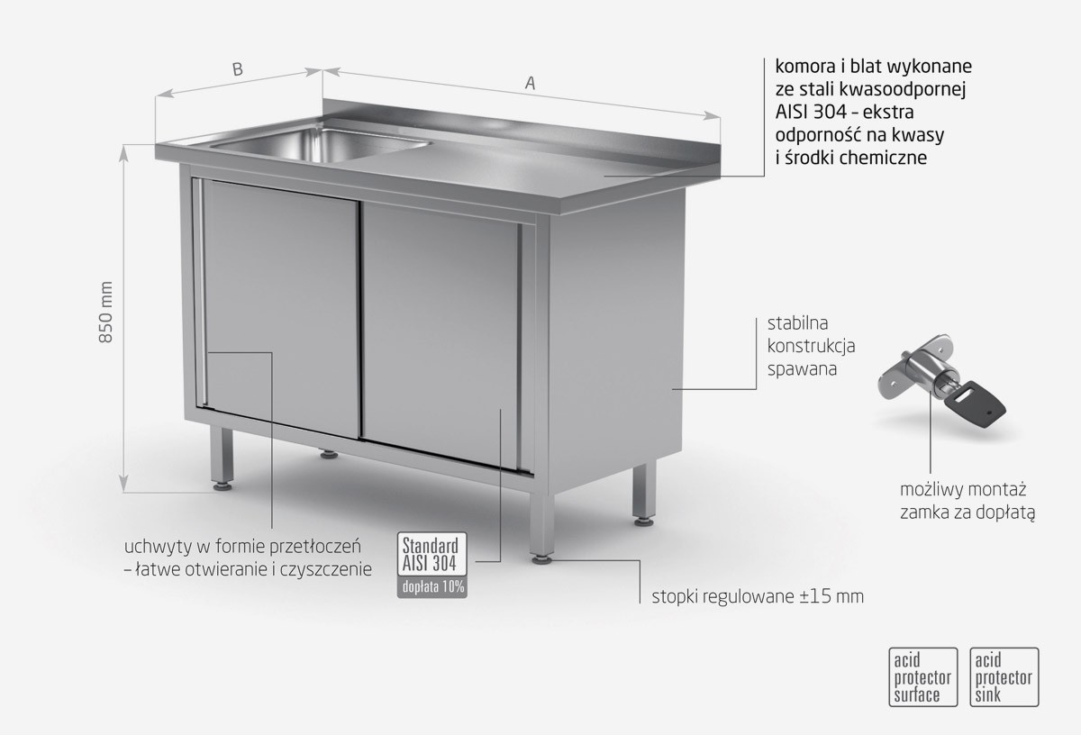 Stół ze zlewem, szafka z drzwiami suwanymi - komora po lewej stronie - POL-217-L