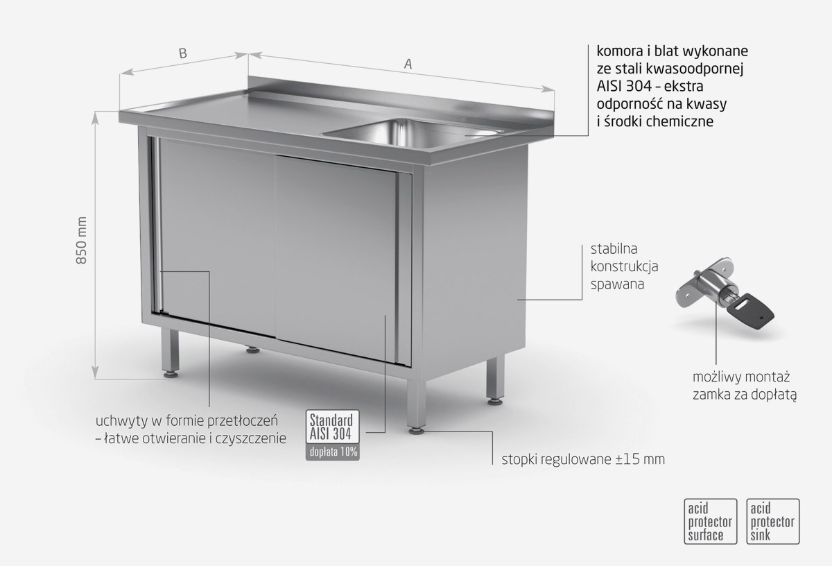 Stół ze zlewem, szafka z drzwiami suwanymi - komora po prawej stronie - POL-217-P
