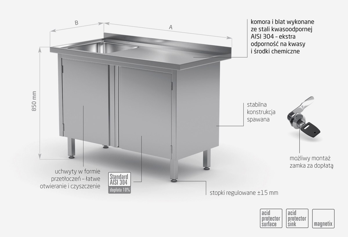 Stół ze zlewem, szafka z drzwiami na zawiasach - komora po lewej stronie - POL-218-L