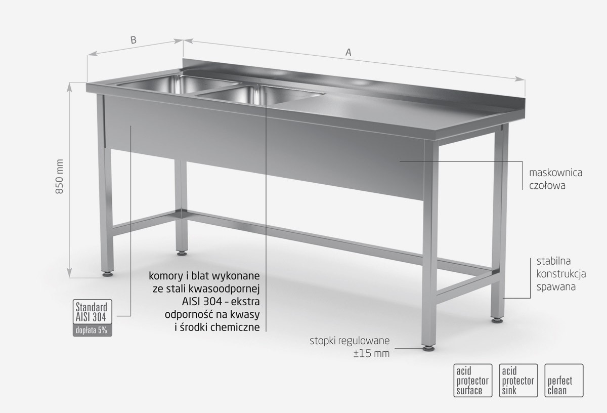 Stół z dwoma zlewami wzmocniony bez półki - komory po lewej stronie - POL-220-L