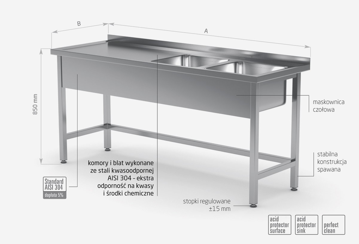 Stół z dwoma zlewami wzmocniony bez półki - komory po prawej stronie - POL-220-P