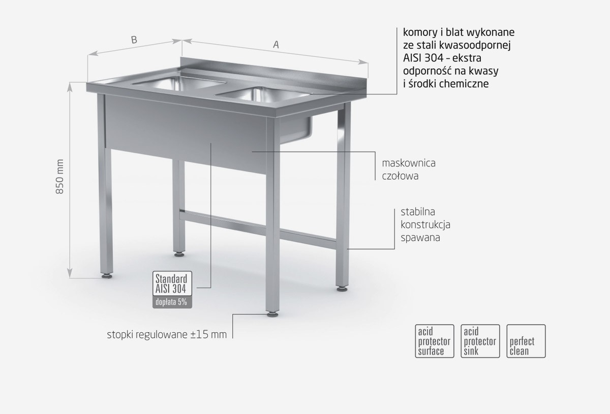 Stół z dwoma małymi zlewami bez półki - POL-221-MK