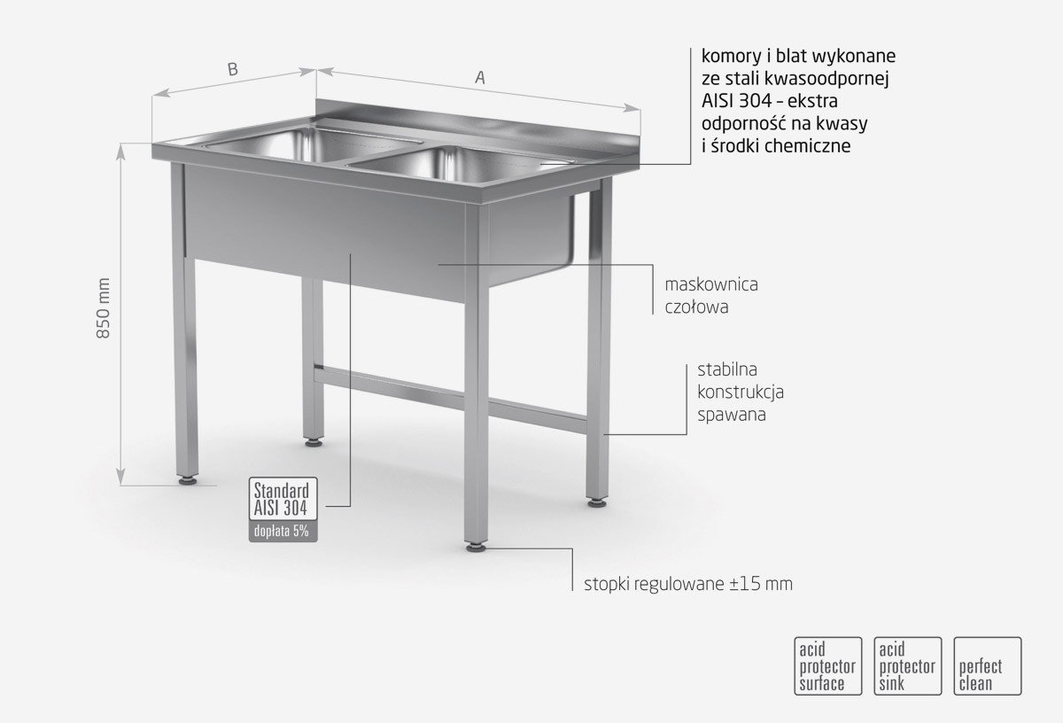 Stół z dwoma zlewami bez półki - POL-221