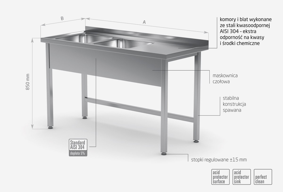 Stół z dwoma zlewami bez półki - komory po lewej stronie - POL-221-L