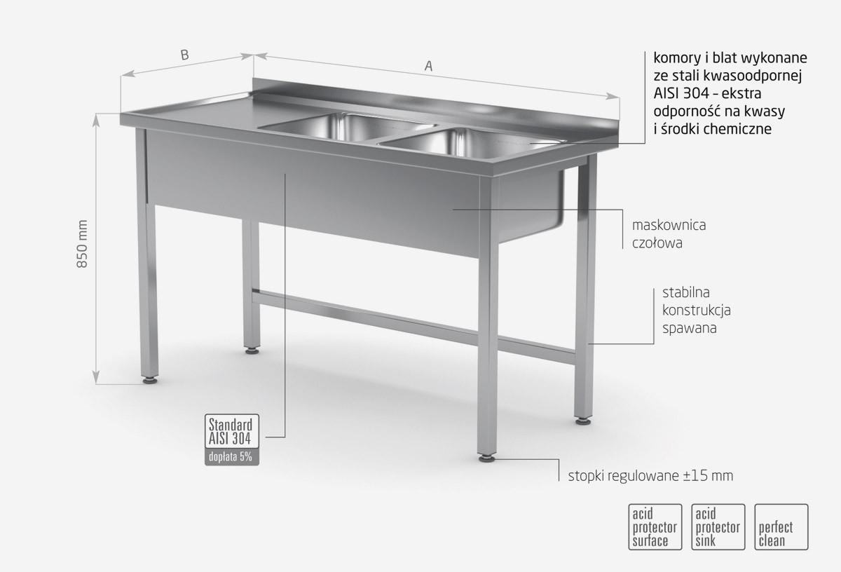 Stół z dwoma zlewami bez półki - komory po prawej stronie - POL-221-P