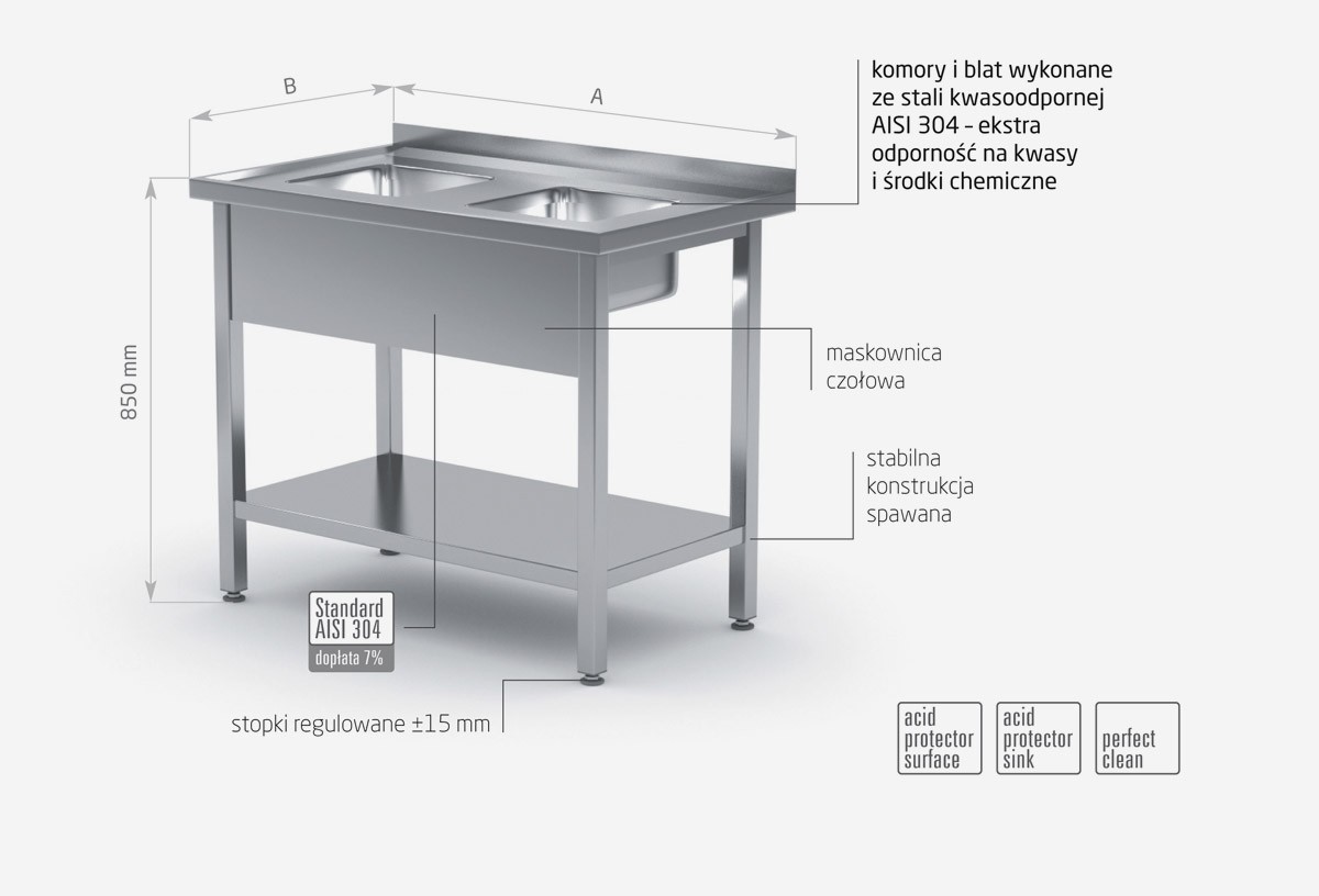 Stół z dwoma małymi zlewami i półką - POL-222-MK
