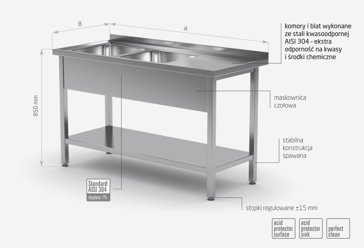 Stół z dwoma zlewami i półką - komory po lewej stronie - POL-222-L