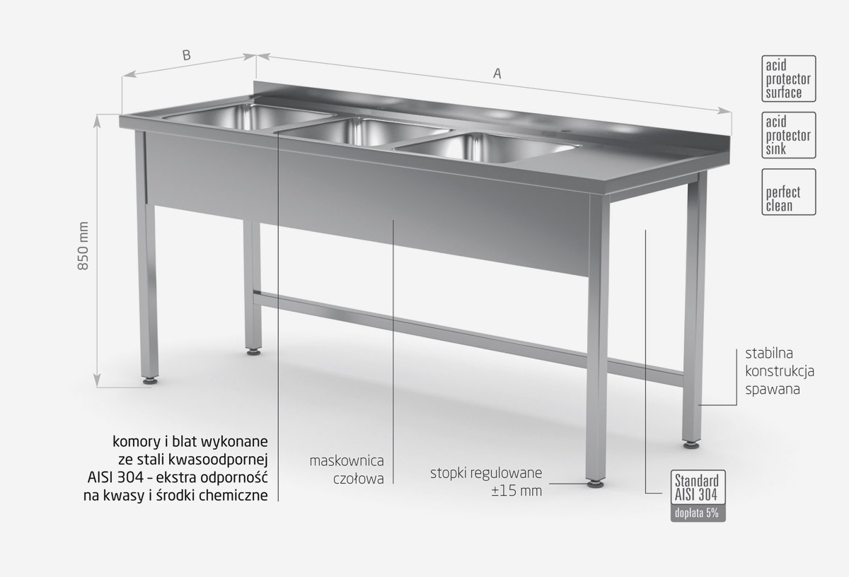 Stół z trzema zlewami bez półki - komory po lewej stronie - POL-223-L