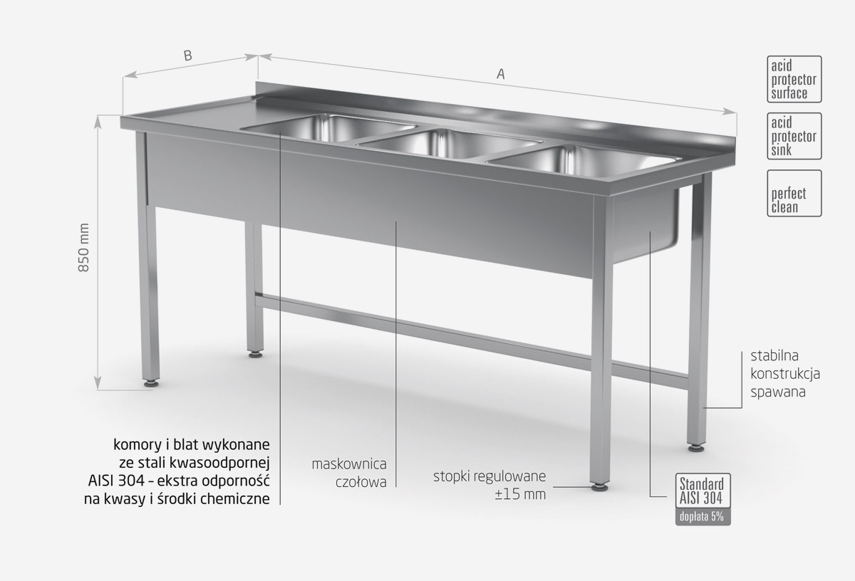 Stół z trzema zlewami bez półki - komory po prawej stronie - POL-223-P