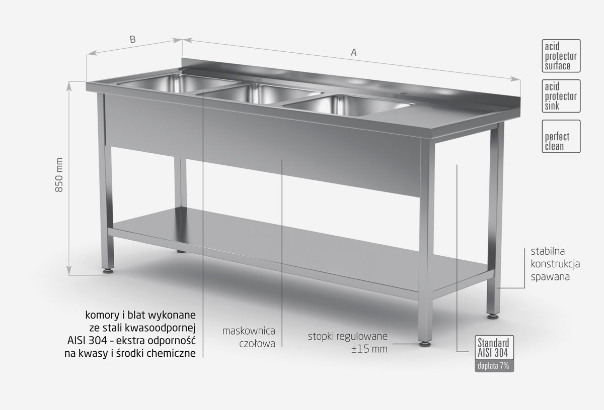Stół z trzema zlewami i półką - komory po lewej stronie - POL-224-L