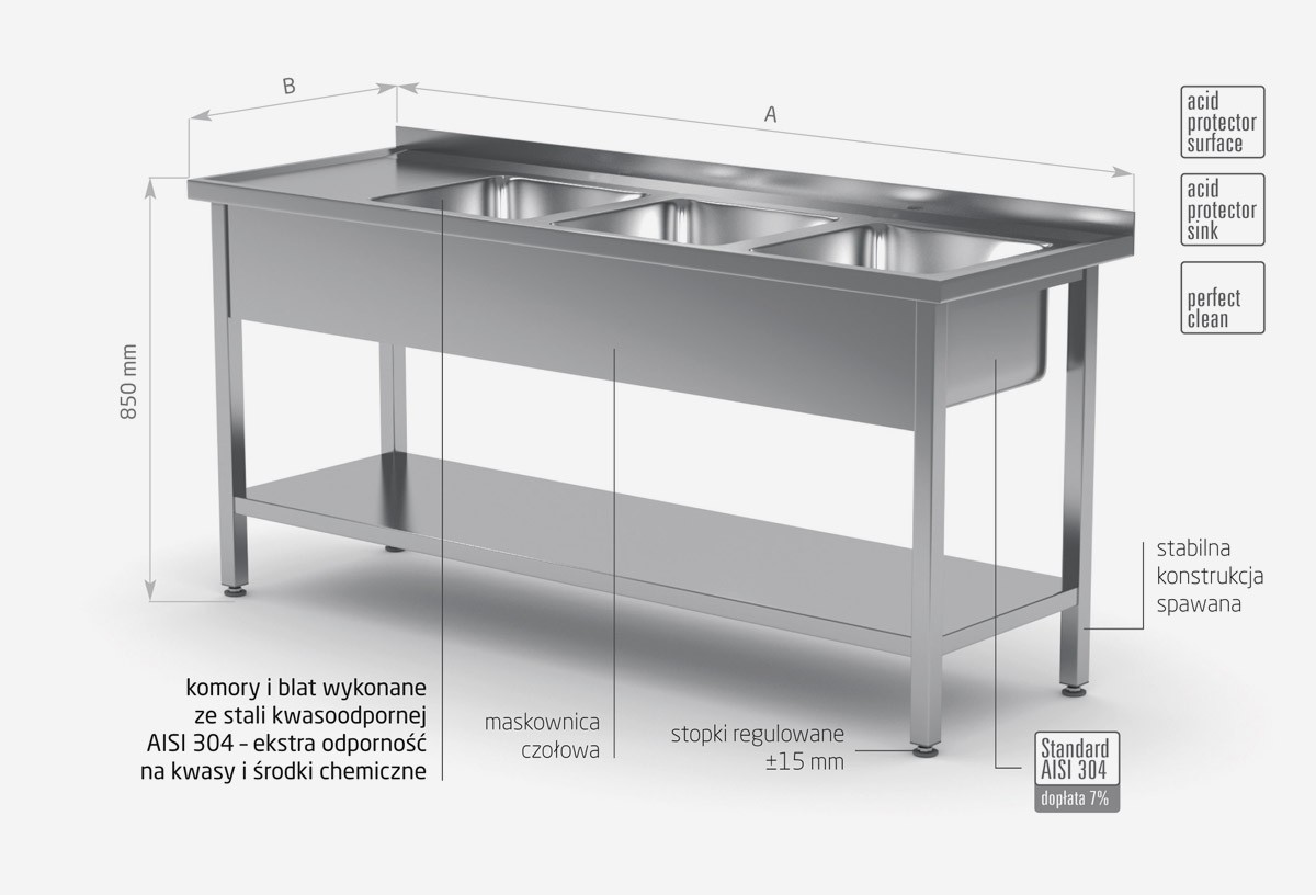 Stół z trzema zlewami i półką - komory po prawej stronie - POL-224-P