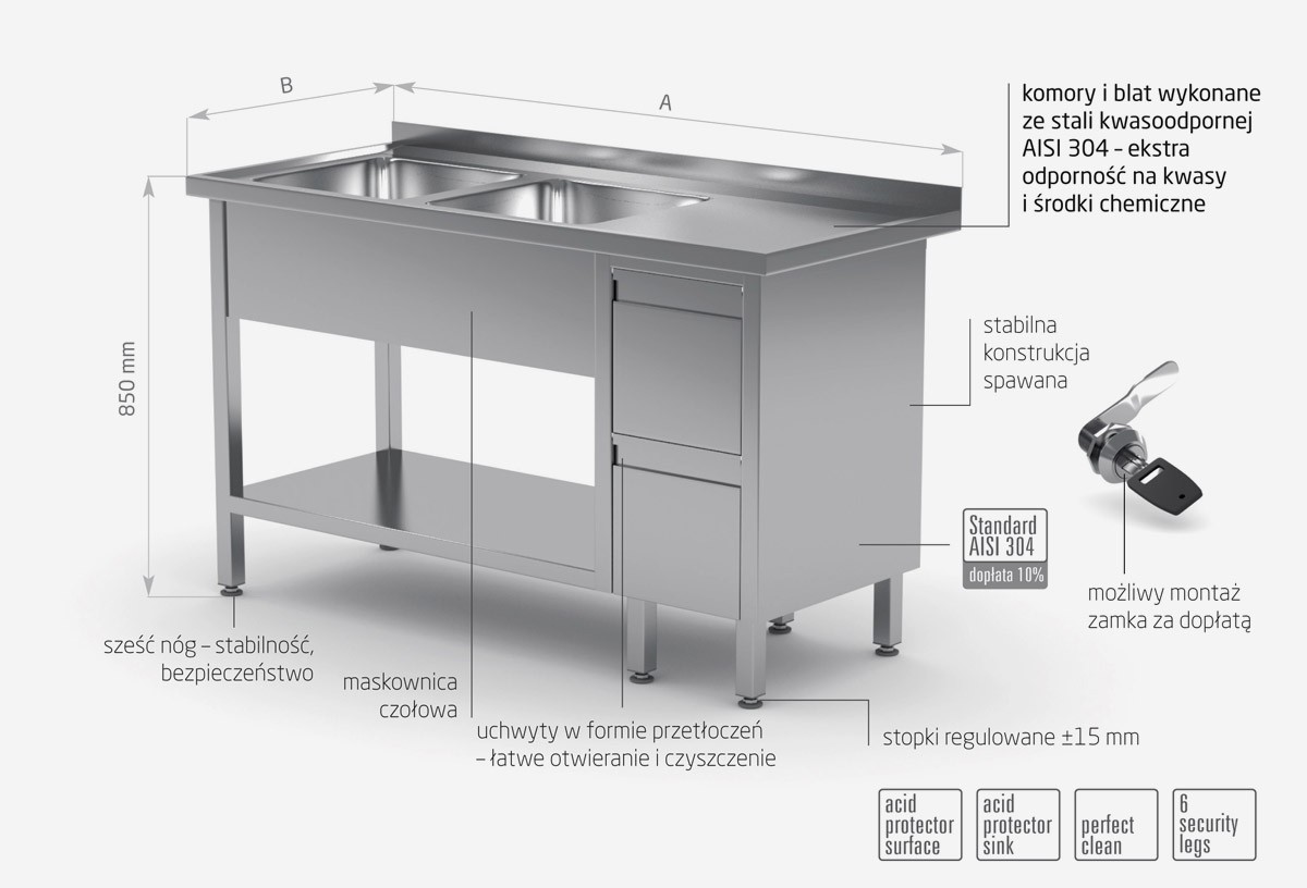 Stół z dwoma zlewami, półką i szafką z dwiema szufladami - komory po lewej stronie - POL-225-L