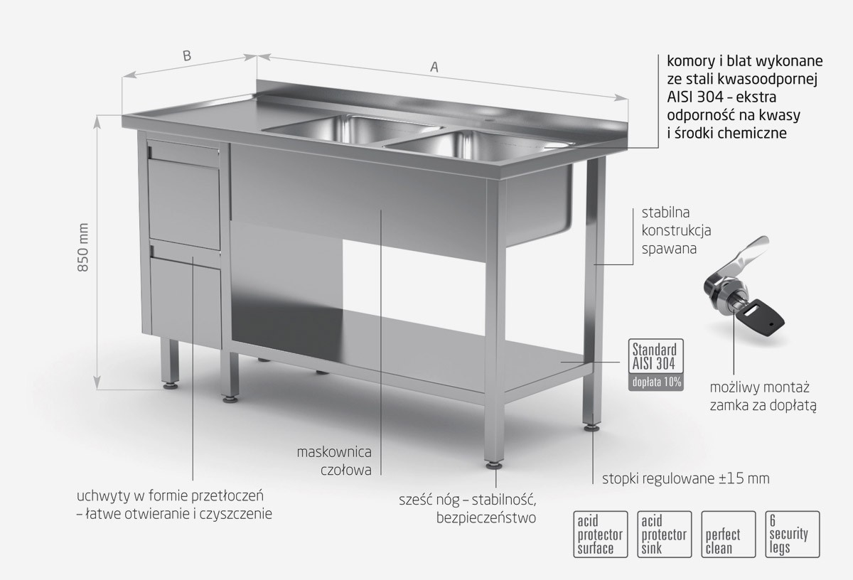Stół z dwoma zlewami, półką i szafką z dwiema szufladami - komory po prawej stronie - POL-225-P