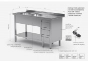 Stół z dwoma zlewami, półką i szafką z trzema szufladami - komory po lewej stronie - POL-225-3-L