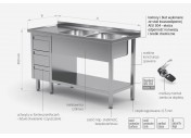 Stół z dwoma zlewami, półką i szafką z trzema szufladami - komory po prawej stronie - POL-225-3-P