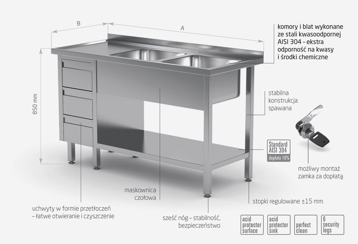 Stół z dwoma zlewami, półką i szafką z trzema szufladami - komory po prawej stronie - POL-225-3-P