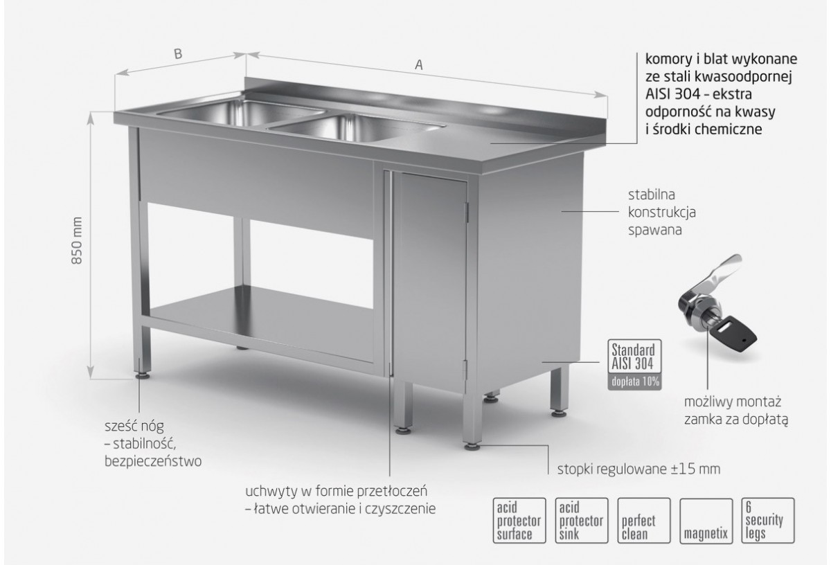 Stół z dwoma zlewami, półką i szafką z drzwiami na zawiasach - komory po lewej stronie - POL-226-L