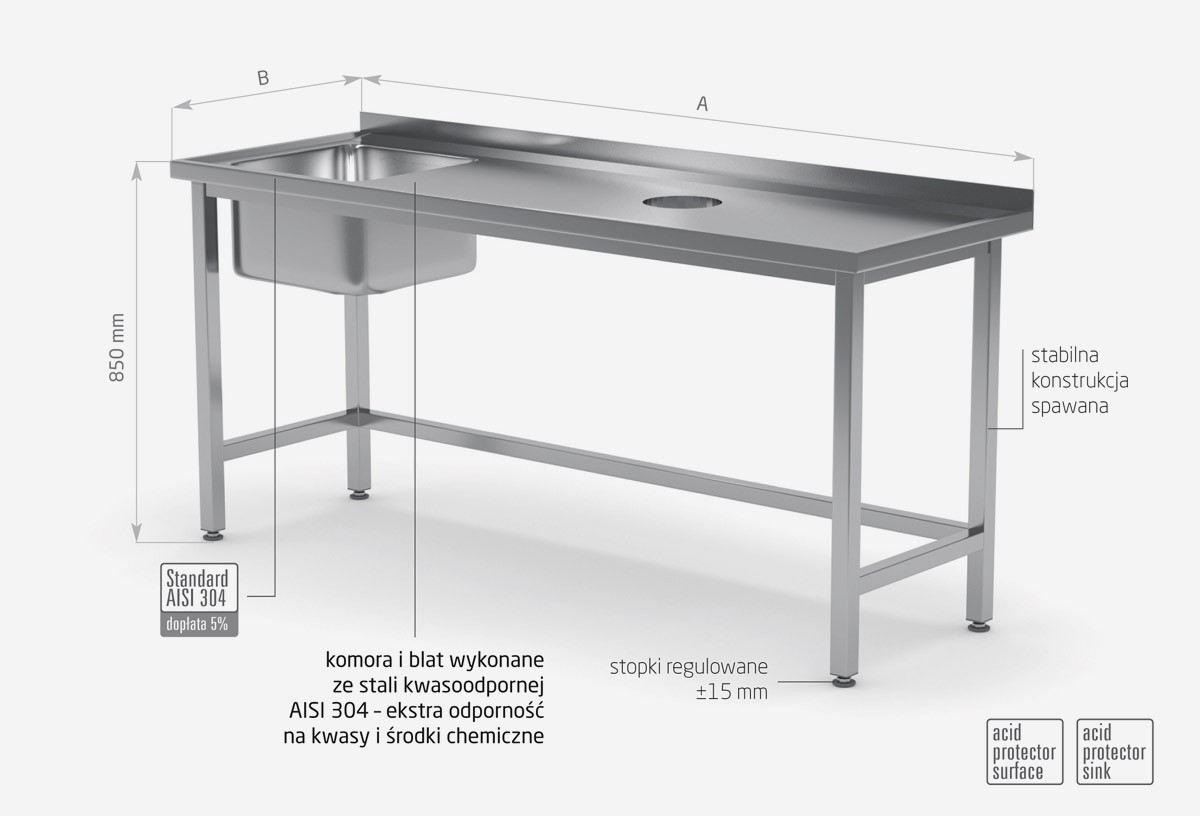 Stół ze zlewm i otworem na odpadki - komora po lewej stronie - POL-236-L
