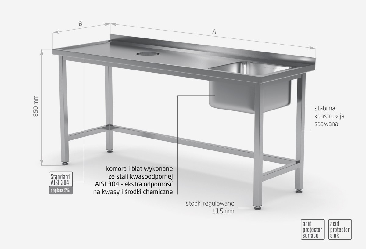 Stół ze zlewm i otworem na odpadki - komora po prawej stronie - POL-236-P
