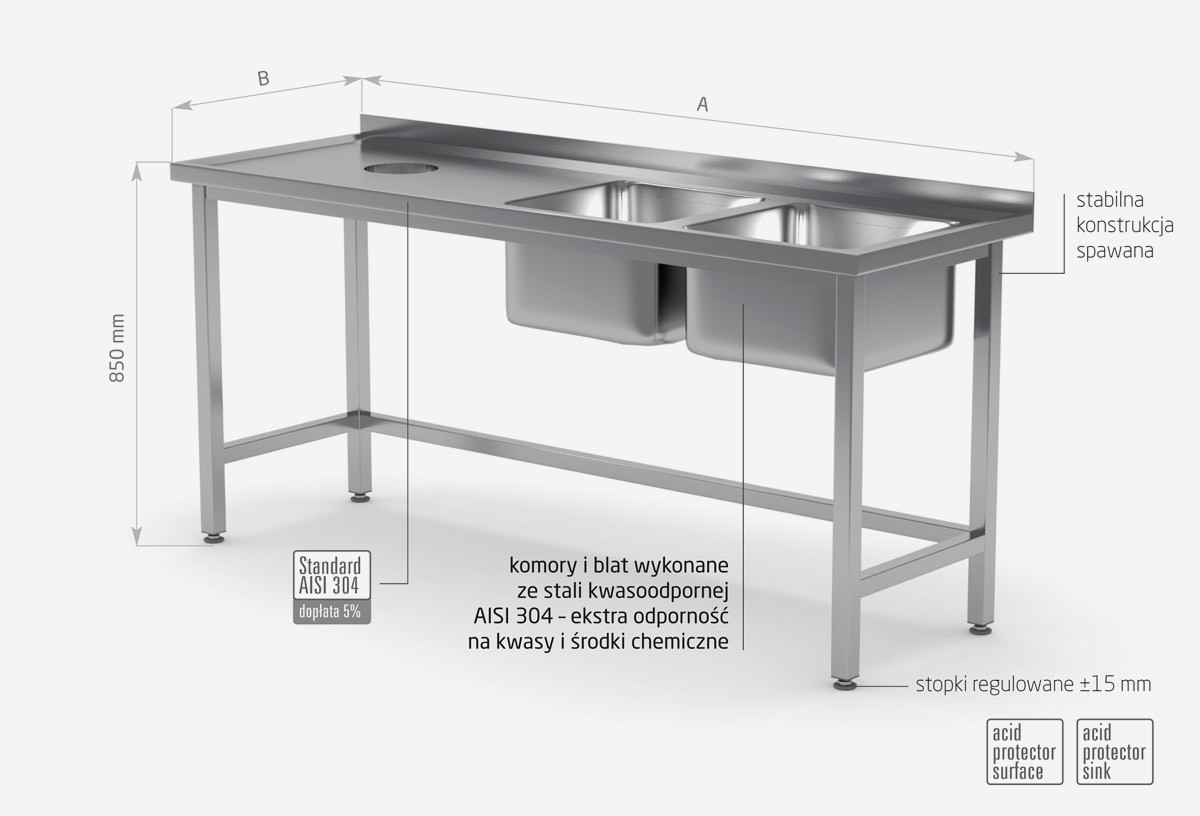 Stół z dwoma zlewami i otworem na odpadki - komory po prawej stronie - POL-246-P