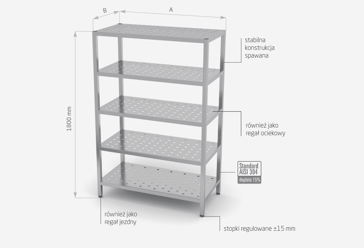 Regał magazynowy, 5 półek perforowanych - POL-345