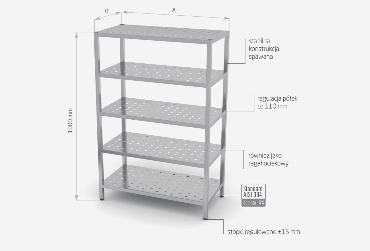 Regał magazynowy z półkami przestawnymi, 5 półek perforowanych - POL-357