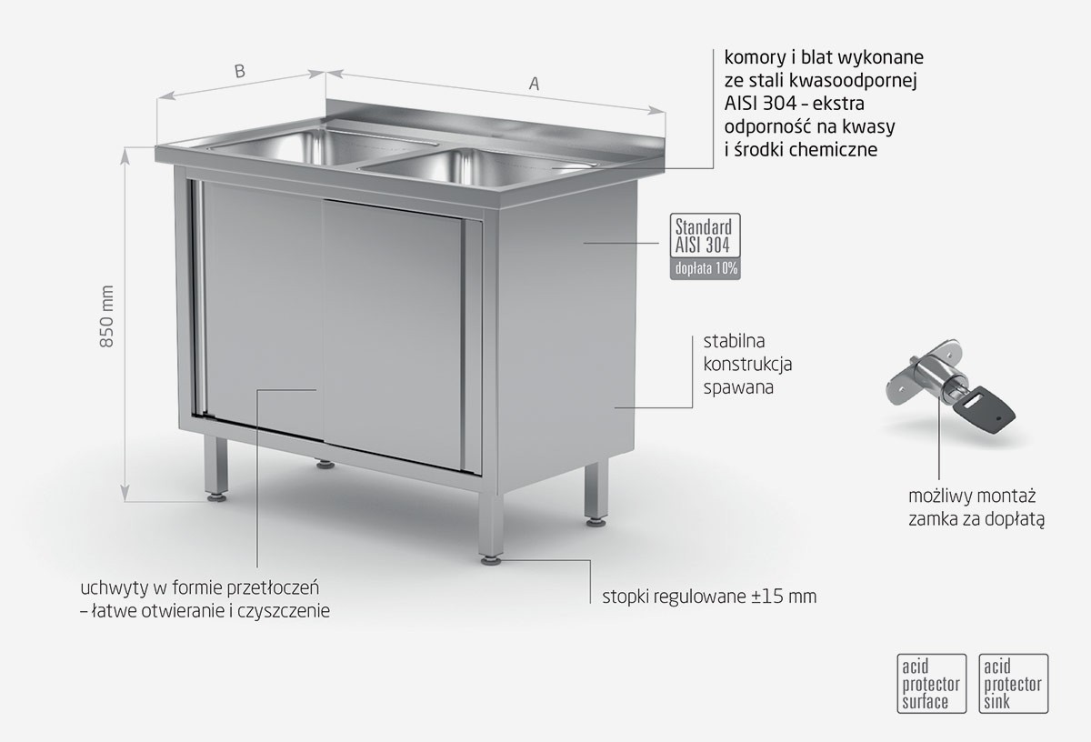 Stół z dwoma zlewami, szafka z drzwiami suwanymi - POL-227