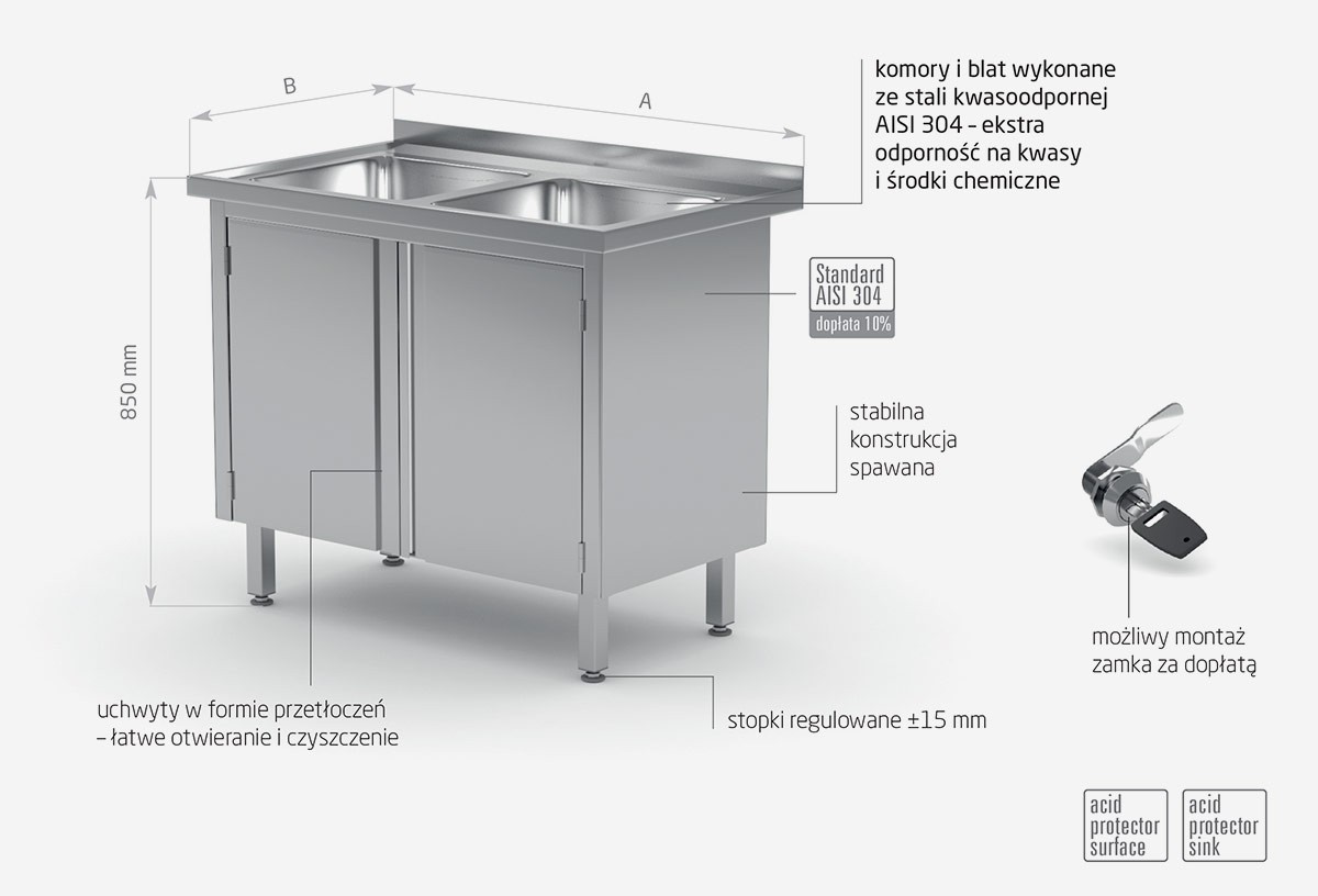 Stół z dwoma zlewami, szafka z drzwiami na zawiasach - POL-228
