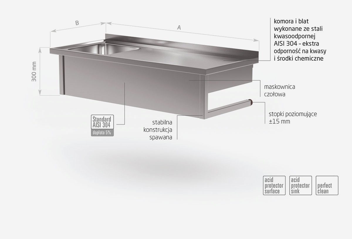 Stół wiszący ze zlewem - komora po lewej stronie - POL-211-WI-L