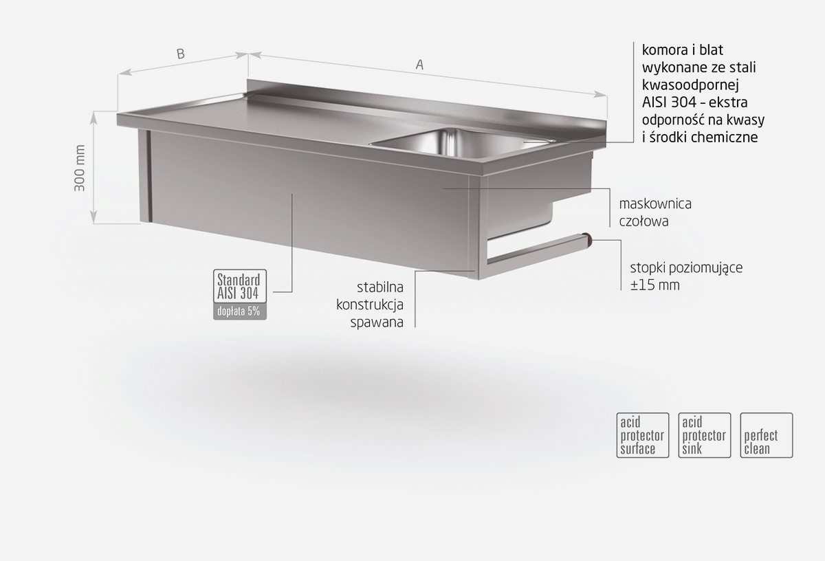 Stół wiszący ze zlewem - komora po prawej stronie - POL-211-WI-P