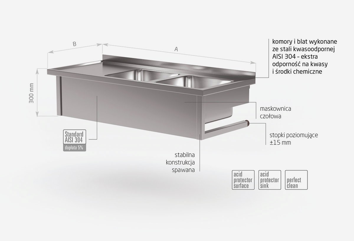 Stół wiszący z dwoma zlewami- komory po prawej stronie - POL-221-WI-P