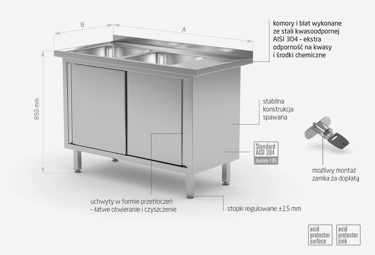 Stół z dwoma zlewami, szafka z drzwiami suwanymi - komory po lewej stronie - POL-227-L