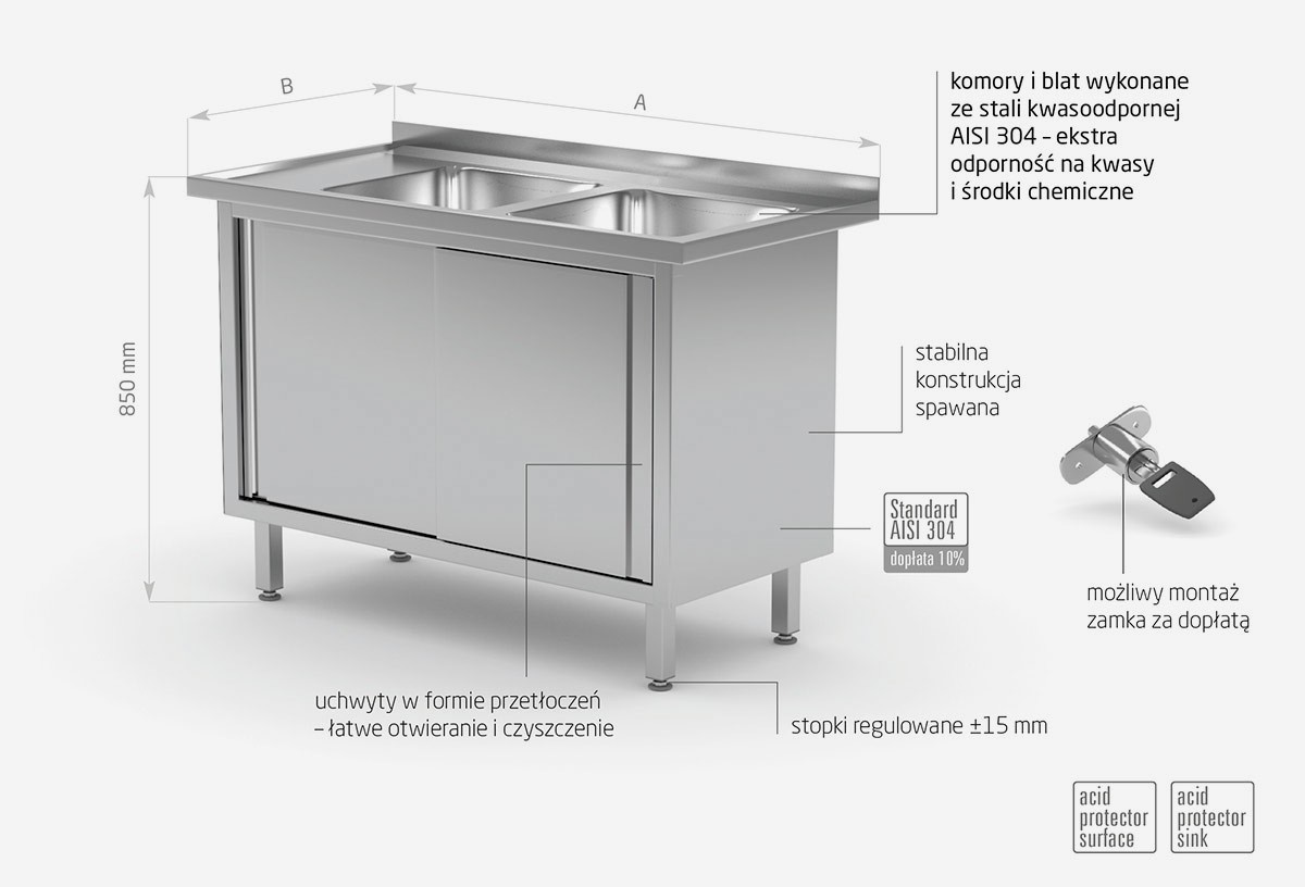 Stół z dwoma zlewami, szafka z drzwiami suwanymi - komory po prawej stronie - POL-227-P