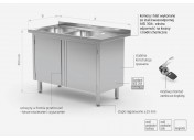 Stół z dwoma zlewami, szafka z drzwiami na zawiasach - komory po lewej stronie - POL-228-L