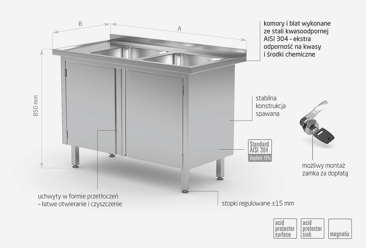 Stół z dwoma zlewami, szafka z drzwiami na zawiasach - komory po prawej stronie - POL-228-P