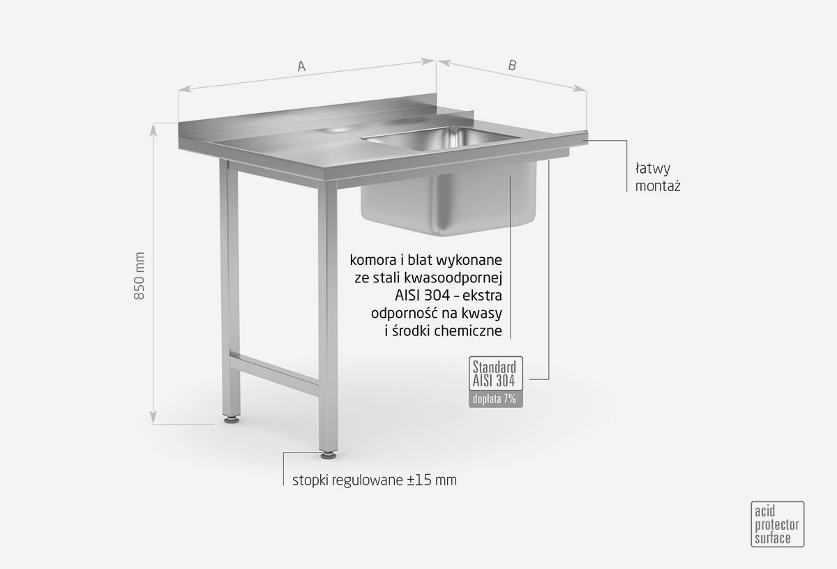Stół załadowczy do zmywarek ze zlewem na dwóch nogach skręcany – lewy