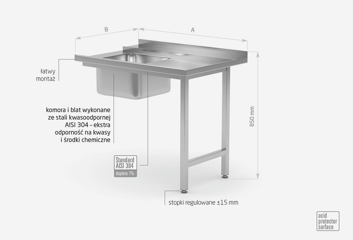 Stół załadowczy do zmywarek ze zlewem na dwóch nogach skręcany – prawy