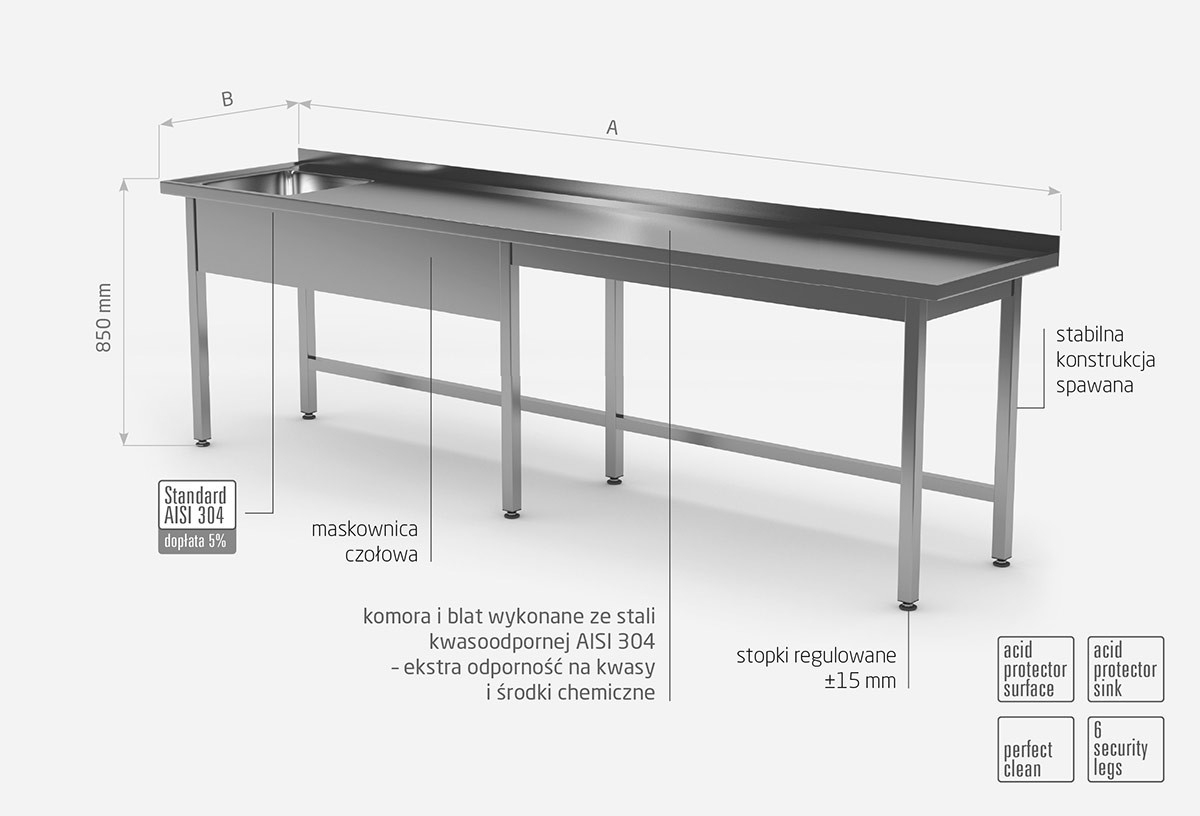 Stół ze zlewem bez półki - komora po lewej stronie