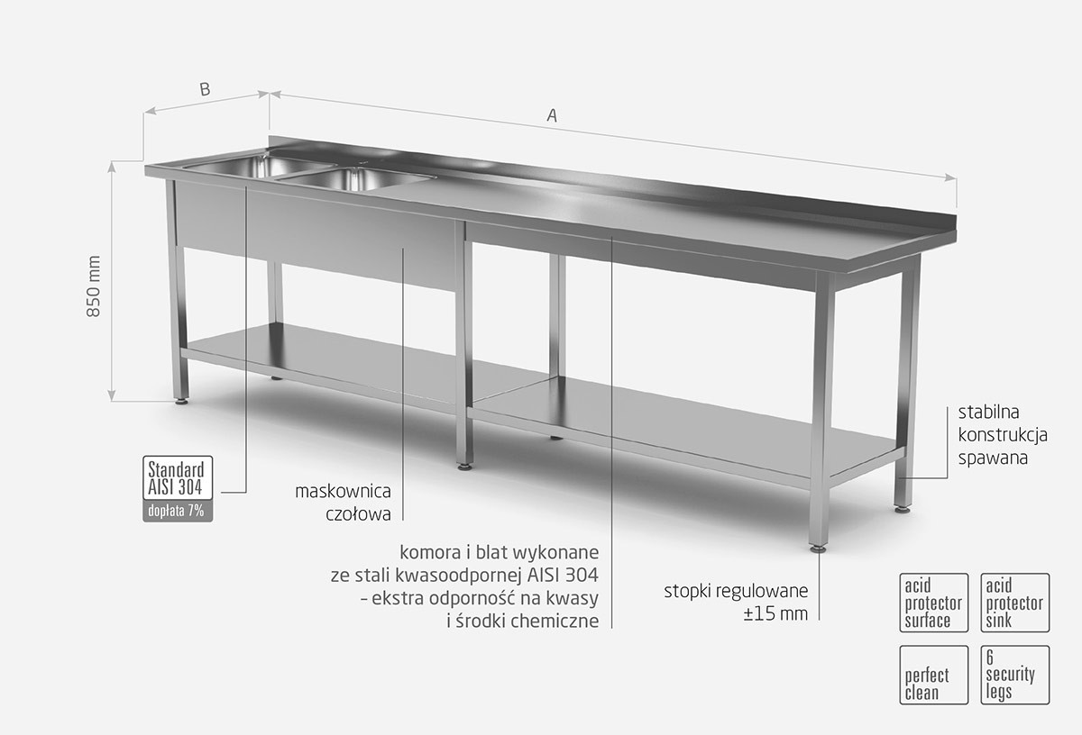 Stół z dwoma zlewami i półką wzmocniony - komory po lewej stronie - POL-222-6-L