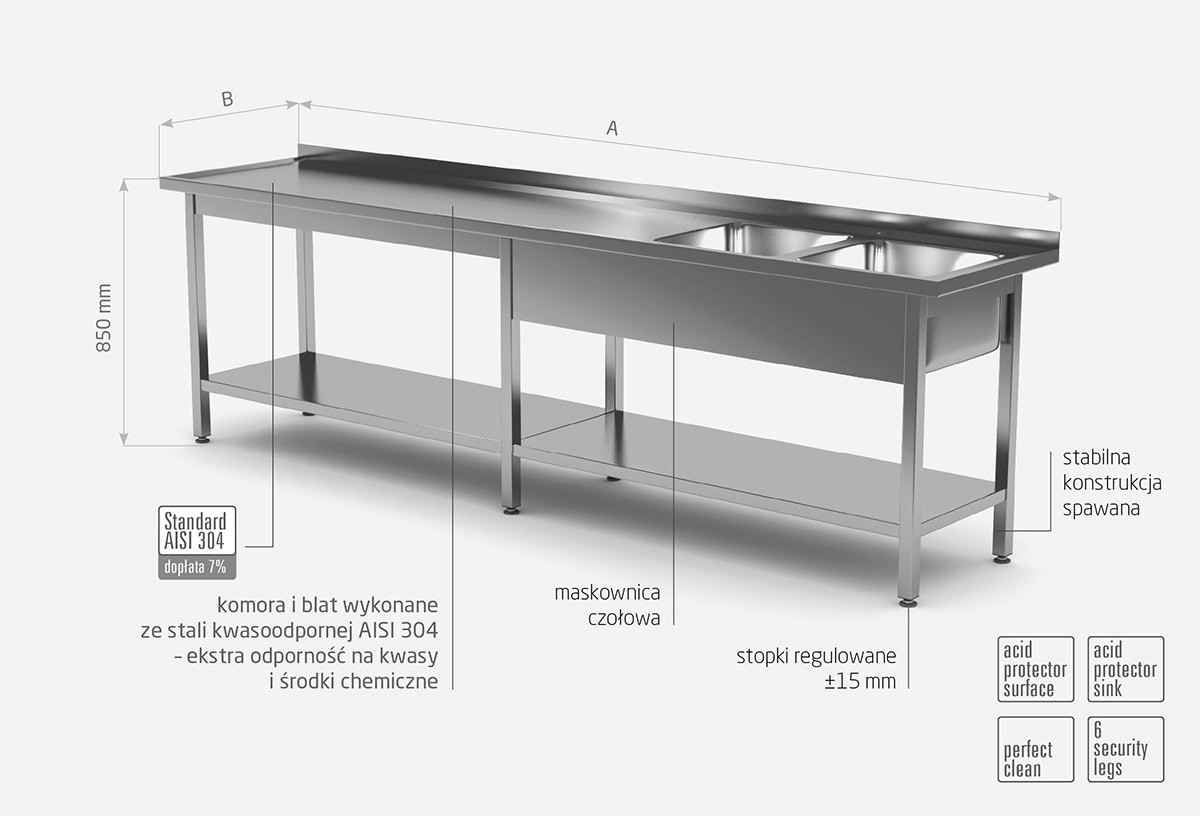 Stół z dwoma zlewami i półką wzmocniony - komory po prawej stronie - POL-222-6-P